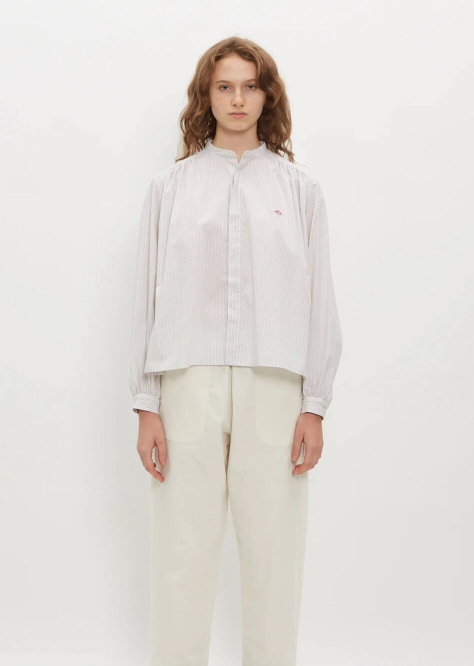 Danton Band Collar Striped Cotton Shirt 38